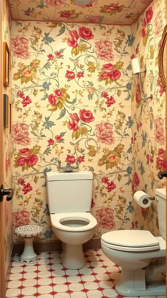 15 Fabulous 70s Bathroom Aesthetic Ideas to Inspire Your Renovation 4 A small bathroom with floral wallpaper featuring large rose prints in pink and yellow. The room includes a toilet, small stool, and white tiled floor.