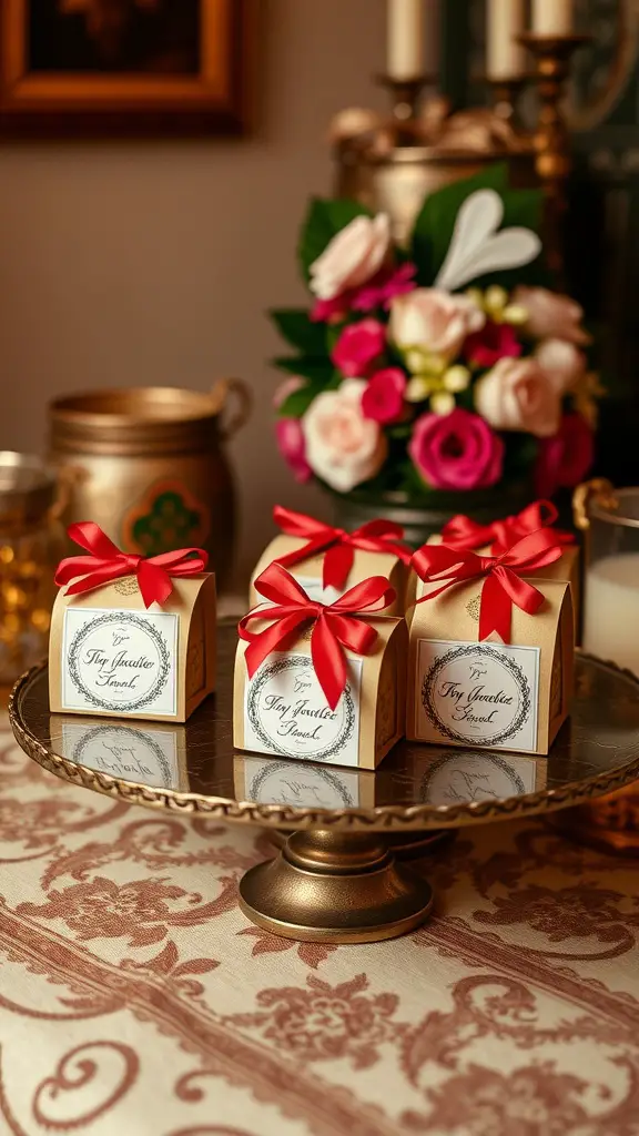 29 Charming Italian-Themed Bridal Shower Ideas You’ll Love 13 Elegant gold favor boxes with red ribbons on a decorative tray, surrounded by floral arrangements.