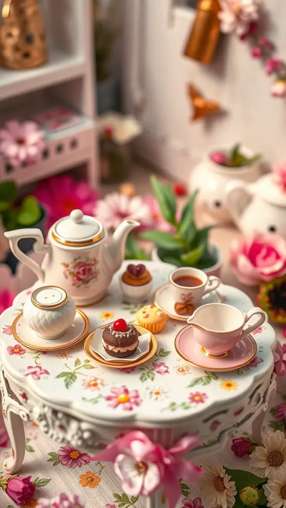 25 Enchanting Outdoor Fairy Garden Ideas to Inspire Your Creativity 14 A whimsical tea party setup featuring a floral tablecloth, a teapot, teacups, and a variety of pastries in a garden setting.