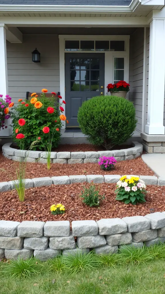 25 Beautiful Raised Flower Bed Ideas for Your Front House 16 Raised flower beds with colorful flowering shrubs in front of a house