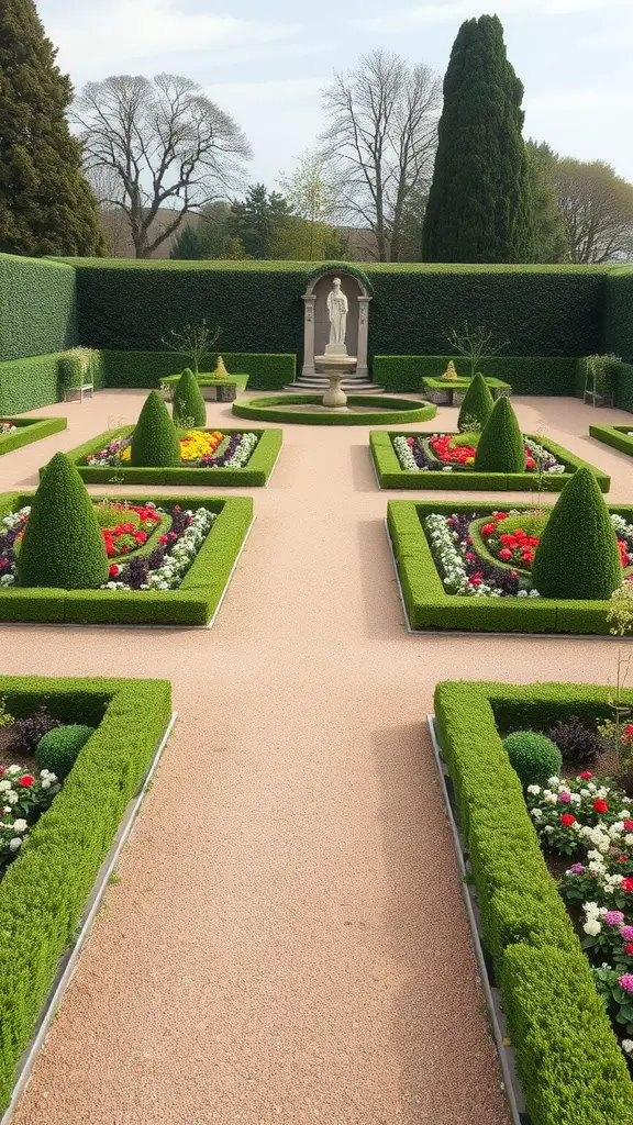 A formal garden featuring symmetrical layout with colorful flowers and neatly trimmed hedges.