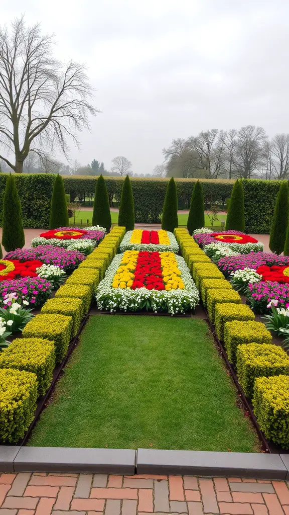A vibrant formal symmetrical flower bed featuring colorful flowers in a neat arrangement, surrounded by trimmed hedges.