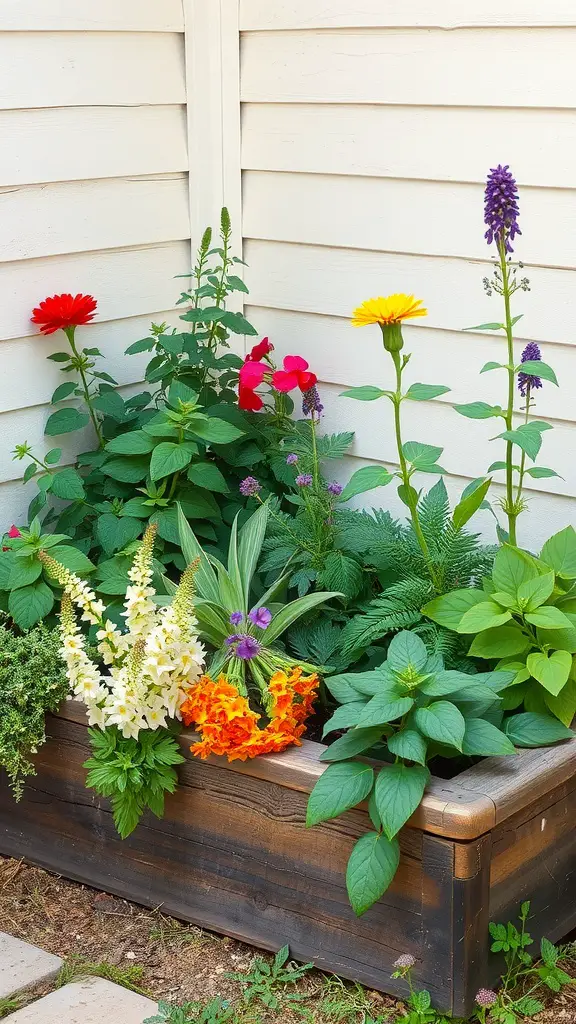 15 Beautiful Corner Flower Bed Ideas for Your Garden 8 A corner flower bed filled with colorful flowers and lush green herbs.