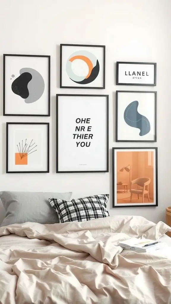 19 Creative Dorm Wall Decor Ideas to Personalize Your Space 8 A stylish arrangement of framed art prints on a wall above a bed, featuring abstract designs and modern decor.