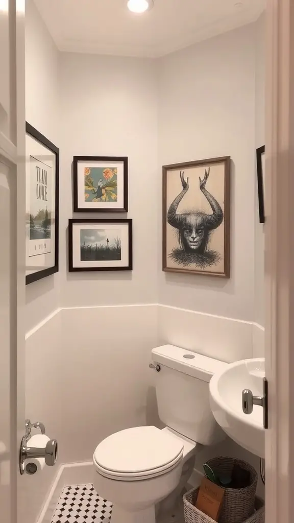 17 Cozy Bathroom Ideas for a Relaxing Retreat 14 A cozy bathroom with framed artwork on the walls, featuring a mix of floral designs and an intriguing portrait.