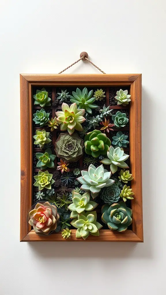 19 Beautiful Indoor Wall Plant Ideas to Transform Your Space 9 A framed arrangement of various succulents in a wooden frame.