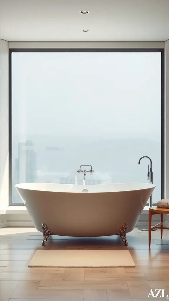 17 Cozy Bathroom Ideas for a Relaxing Retreat 4 A stylish freestanding bathtub near a large window with scenic views.
