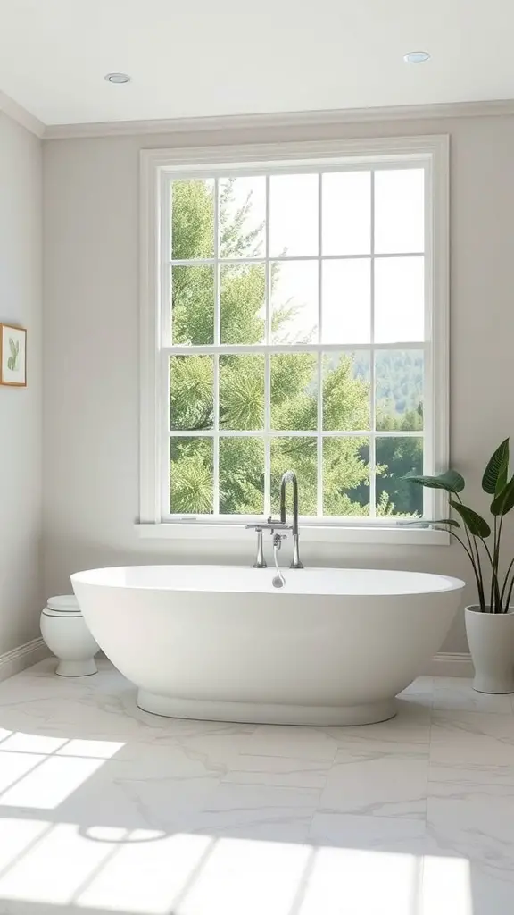 21 Stunning Scandinavian Bathroom Ideas You’ll Love 8 A bright bathroom featuring a freestanding bathtub with a large window view of greenery