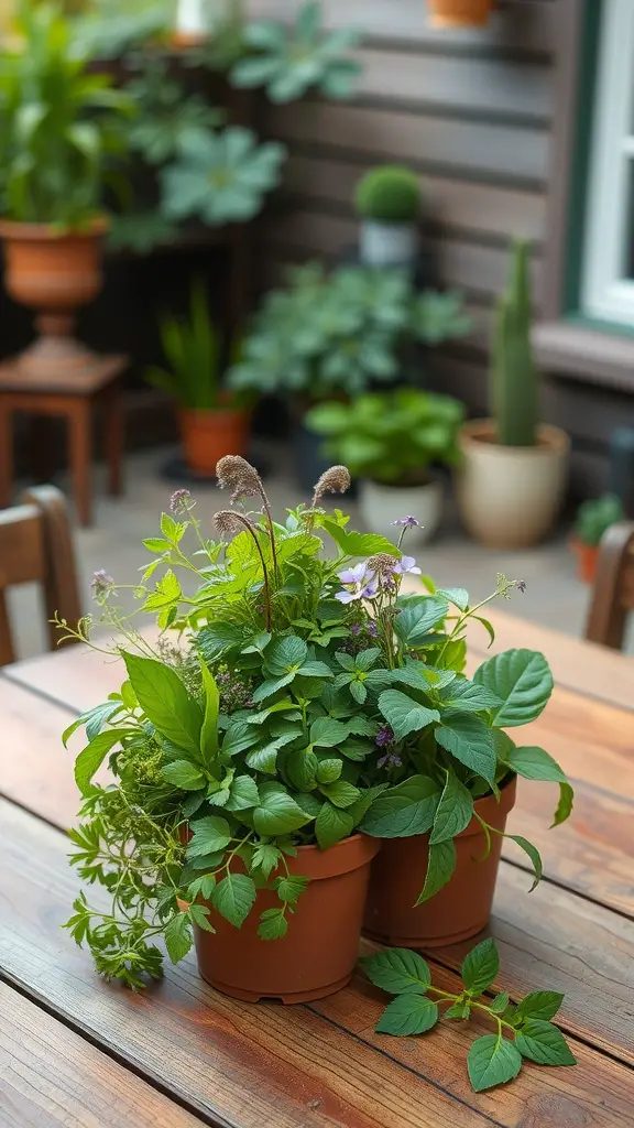 Fresh herb centerpieces in terracotta pots on a wooden table