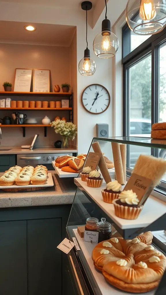 19 Cozy Cafe Ideas to Inspire Your Perfect Coffee Shop Theme 12 A cozy cafe pastry display featuring various freshly baked goods including croissants, cupcakes, and a clock on the wall.