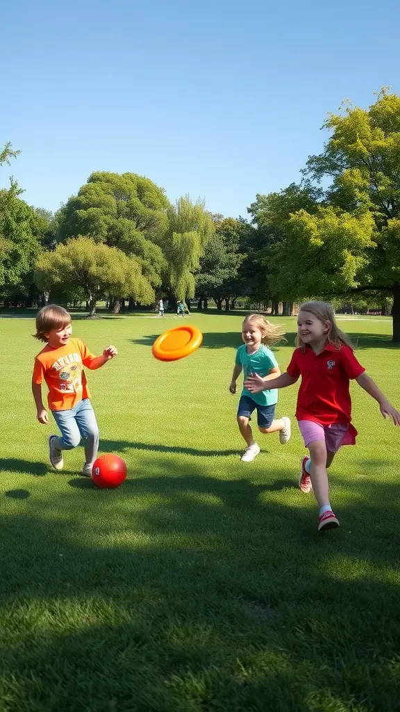15 Fun Outdoor Activities for Kids to Enjoy 11 Three children playing with a frisbee in a park.