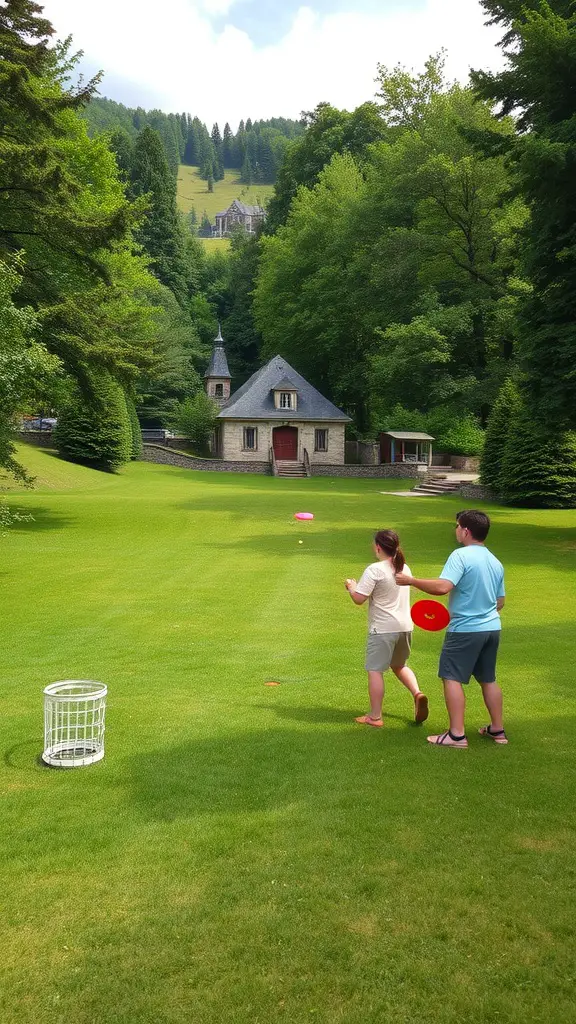 25 Exciting Outdoor Games for Fun-filled Adventures 14 Two players engaging in a game of Frisbee golf on a green lawn with trees in the background.