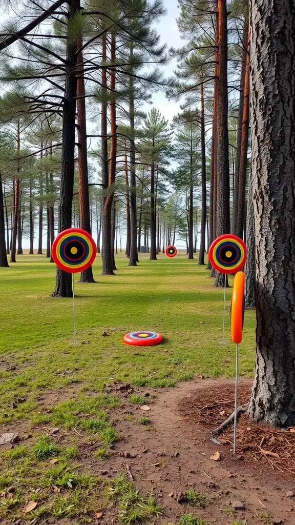 23 Fun Outdoor Party Games for Unforgettable Gatherings 10 A frisbee golf course set in a forested area with colorful targets.