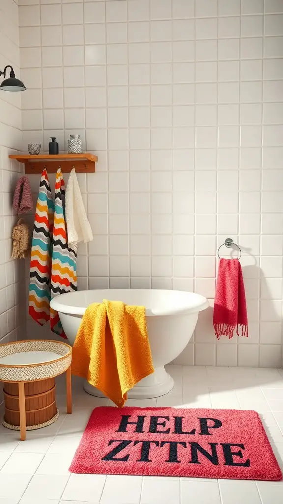 29 Funky Bathroom Ideas to Transform Your Space 11 Colorful bathroom accessories with a playful bath mat and towels.