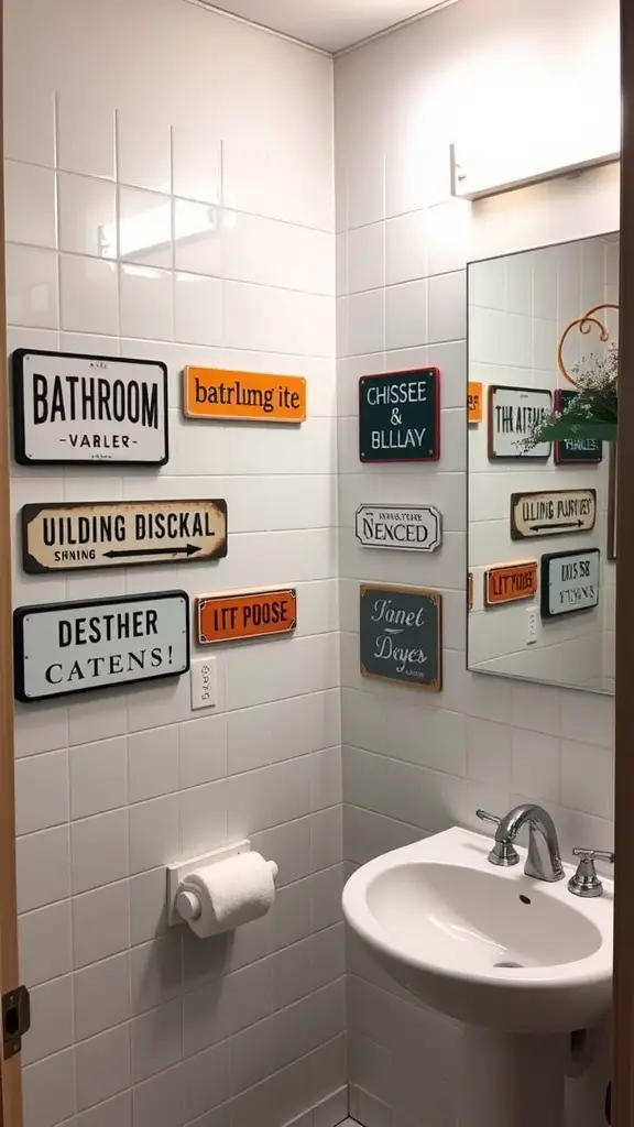 19 Creative Dorm Bathroom Ideas for a Stylish Space 15 A dorm bathroom with various colorful signs on the wall, showcasing quirky phrases.