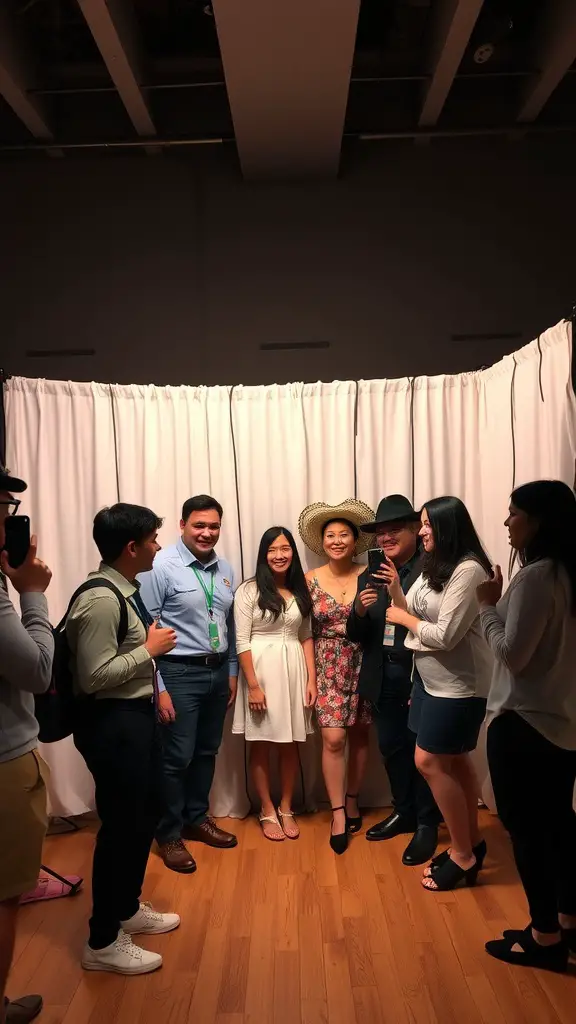 25 Charming June Baby Shower Ideas You'll Love 13 Group of people posing together in a photo booth setup with fun props and a white curtain backdrop.