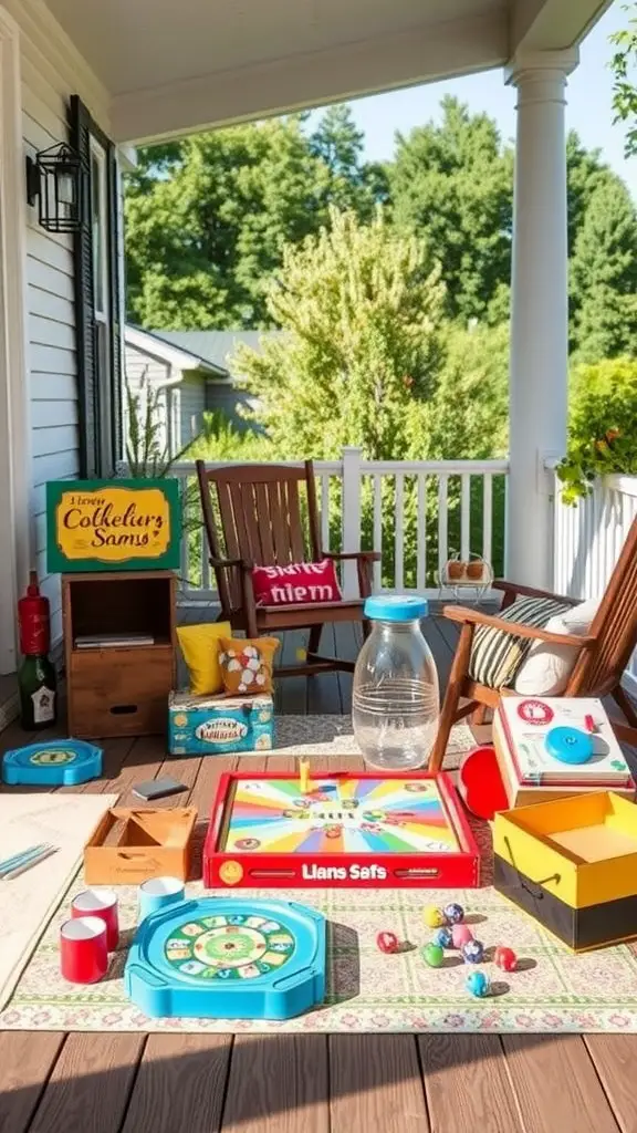 27 Charming Summer Front Porch Decor Ideas You’ll Love 12 A summer porch decorated with games, including a colorful board game, cups, and small balls, surrounded by chairs and plants.