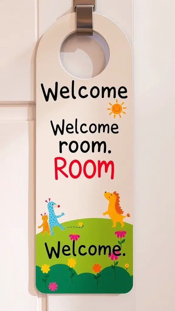 25 Creative Door Hanger Ideas to Customize Your Space 10 Colorful door hanger with playful creatures and flowers, stating 'Welcome room. ROOM'.