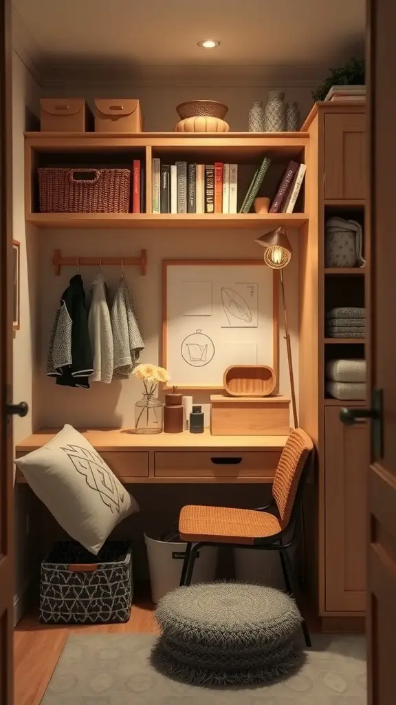 17 Cozy Maximalism Ideas to Transform Your Space 17 A cozy workspace with wooden shelves, books, stylish storage, and a comfortable chair.