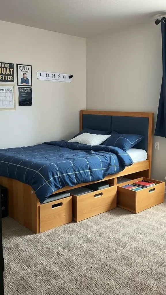 19 Stylish Dorm Room Ideas for Guys 9 A functional bed with under-bed storage in a dorm room, featuring blue bedding and wooden drawers.