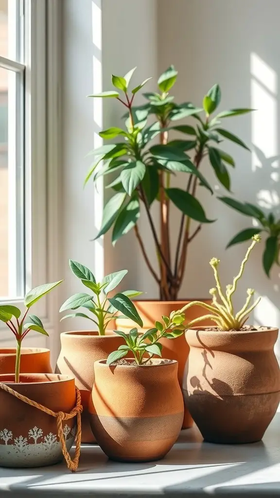 23 Creative Clay Art Ideas to Inspire Your Next Project 5 A collection of clay planters with various plants, showcasing their earthy tones and textures.