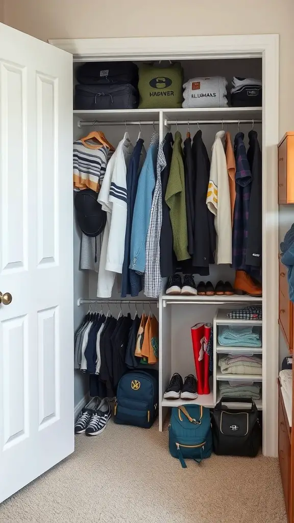 21 Creative Boys Dorm Room Ideas to Elevate Your Space 16 A well-organized closet showcasing hanging clothes, shelves with folded items, and shoes neatly stored.
