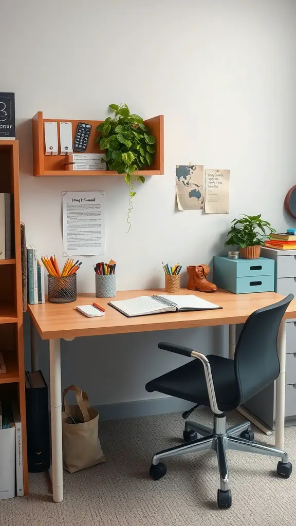 15 Adorable Dorm Room Ideas to Transform Your Space 10 A well-organized desk with a plant, colorful stationery, and a cozy aesthetic