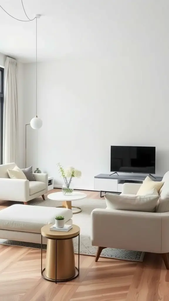 15 Minimalist Living Room Ideas for a Stylish Space 4 Minimalist living room featuring functional furniture with clean lines, light wooden floors, and a stylish round coffee table.