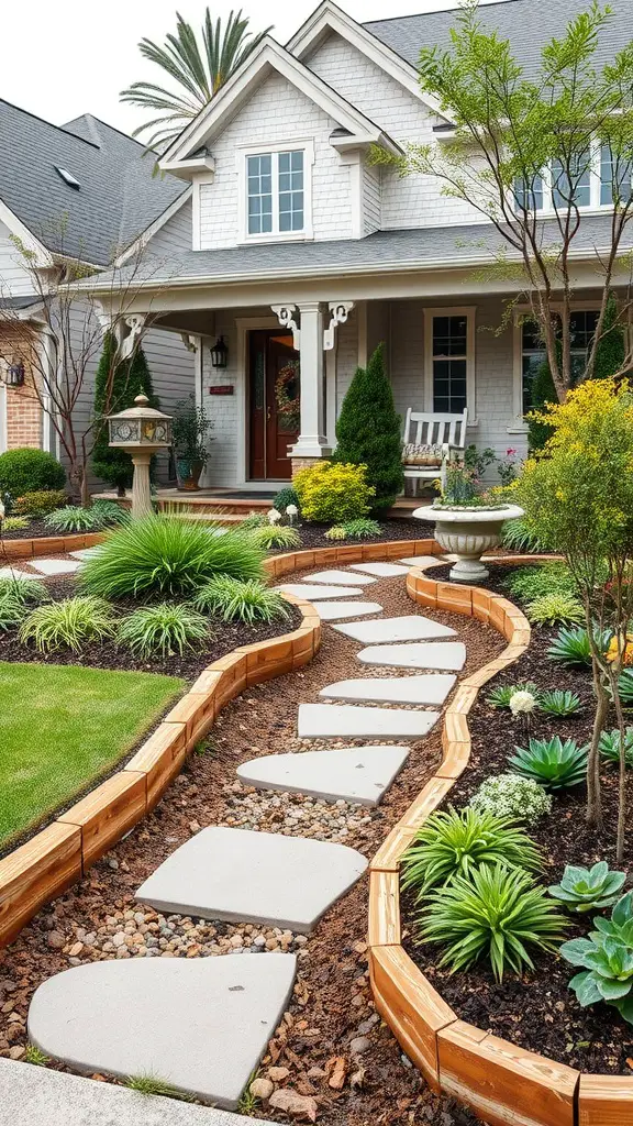 25 Stunning Front Entry Landscaping Ideas for a Welcoming Home 17 A beautifully landscaped front entry with a winding stone pathway bordered by wooden edging and vibrant greenery.