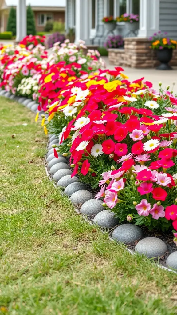 Colorful flower bed with smooth stone edging