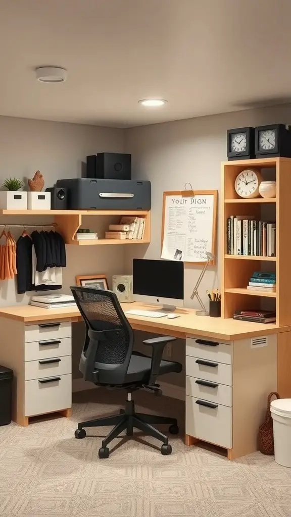 21 Cozy Basement Ideas for a Warm and Inviting Space 6 A cozy basement home office featuring a desk, ergonomic chair, bookshelves, and decorative items.