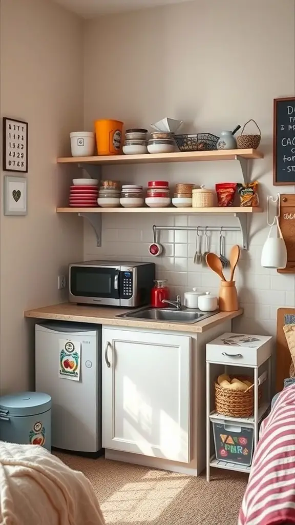 15 Adorable Dorm Room Ideas to Transform Your Space 15 A compact dorm kitchenette with shelves holding containers, a microwave, and a fridge, creating a cozy culinary corner.