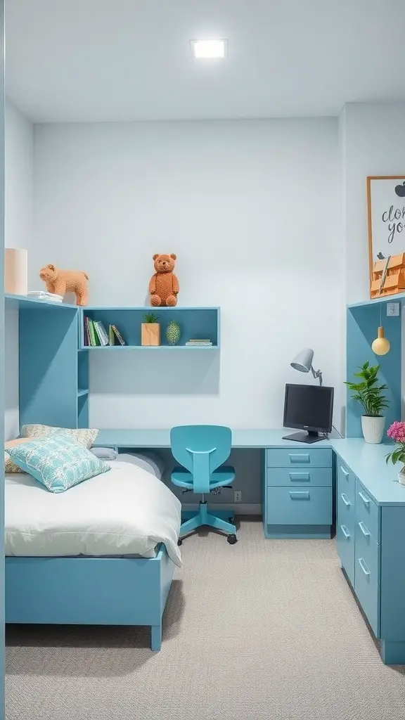21 Charming Light Blue Dorm Room Ideas to Refresh Your Space 11 A well-organized light blue dorm room featuring a bed, desk, and shelves with decorative items.