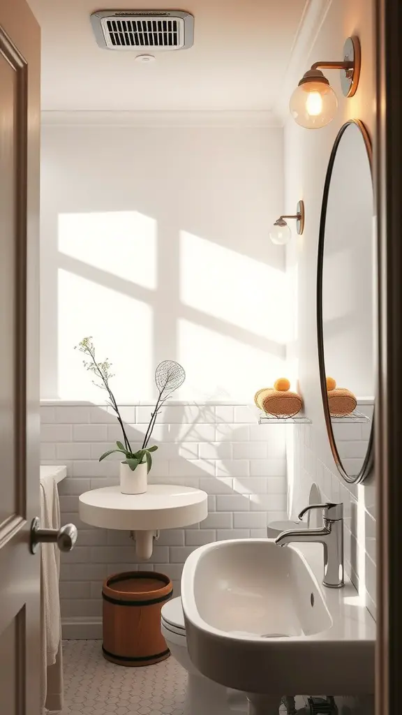 21 Stunning Upstairs Bathroom Ideas You’ll Love 11 A well-lit bathroom featuring natural light, wall-mounted fixtures, and a circular mirror.
