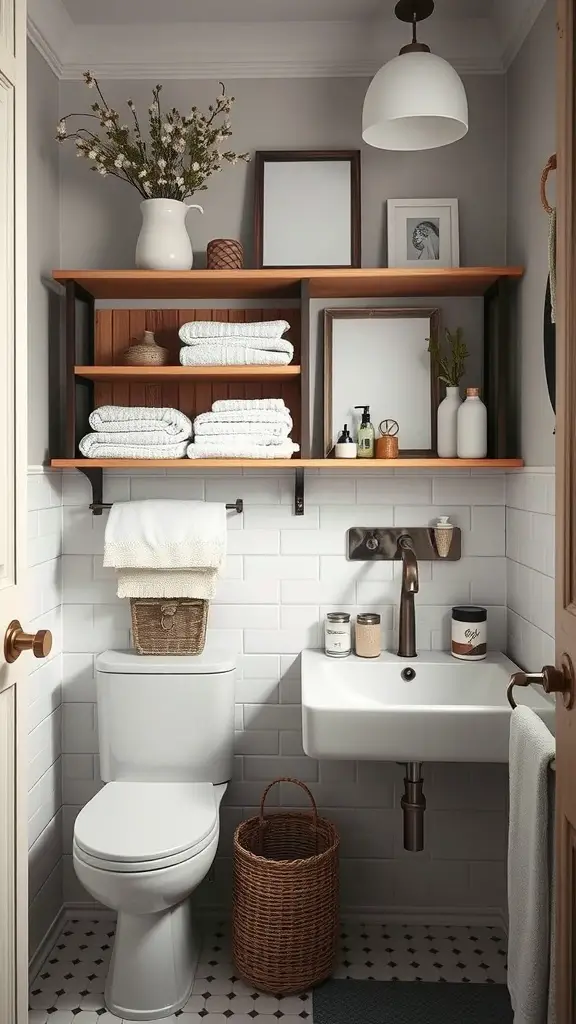 21 Stunning Scandinavian Bathroom Ideas You’ll Love 6 A stylish Scandinavian bathroom with functional open shelving, featuring wooden shelves, neatly arranged towels, and decorative items.
