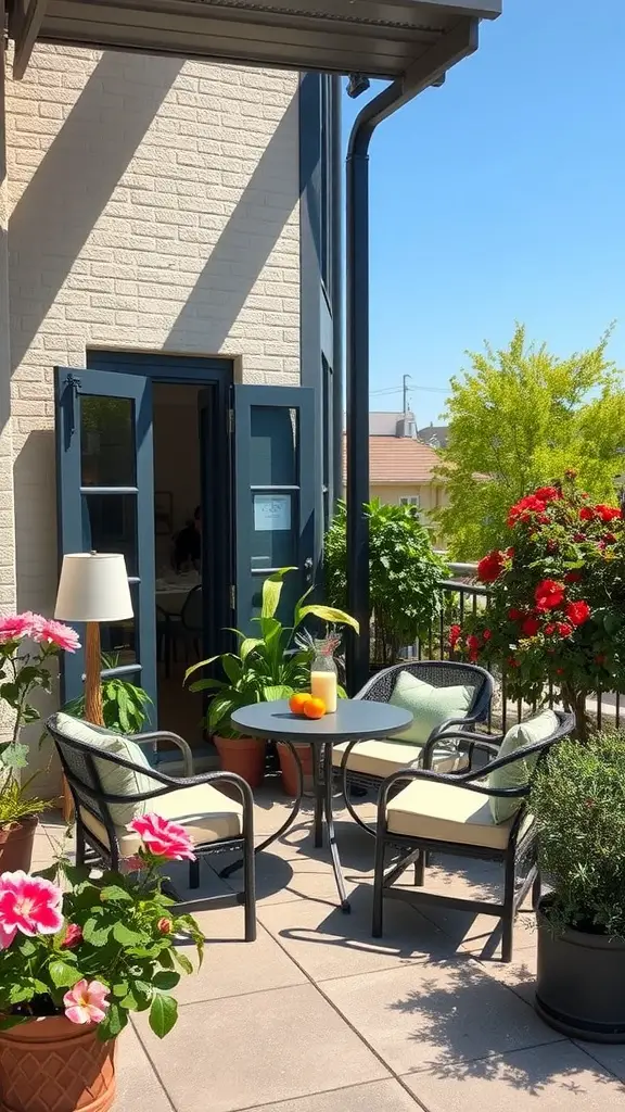 13 Creative Front Yard Landscaping Ideas to Enhance Your Curb Appeal 4 Outdoor seating area with two chairs and a table surrounded by flowers.