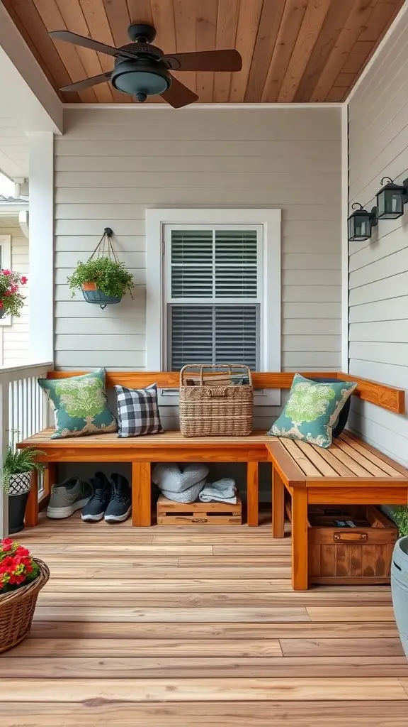19 Inspiring Front Deck Ideas You'll Love 5 A cozy front deck with built-in wooden benches, baskets for storage, and potted plants.