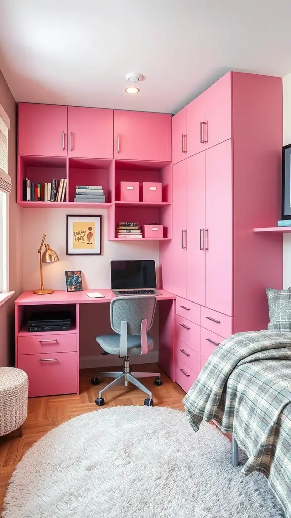 19 Dreamy Pink Dorm Room Ideas to Inspire Your Space 15 A pink dorm room with stylish storage solutions, including bookshelves and a desk area.