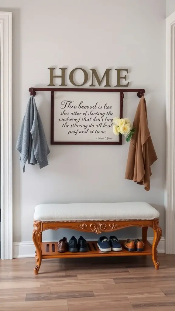 27 Inspiring Outdoor Entryway Decor Ideas to Enhance Your Home's Curb Appeal 17 A stylish entryway with a shoe storage bench, wall hooks for coats, and a decorative sign.