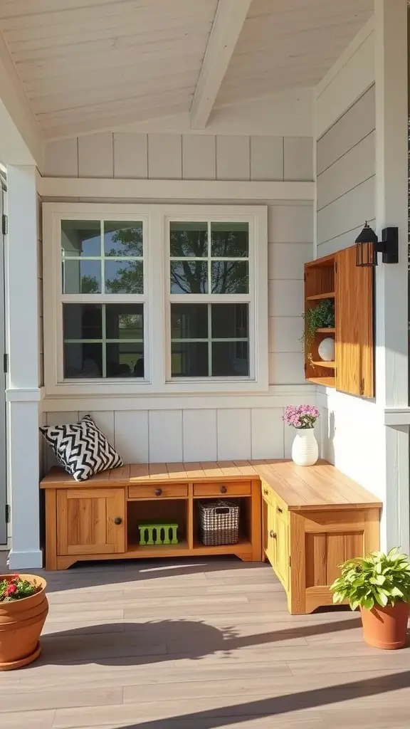 15 Creative Mobile Home Porch Ideas for a Cozy Outdoor Space 14 Cozy porch with functional wooden storage benches and decorative plants.