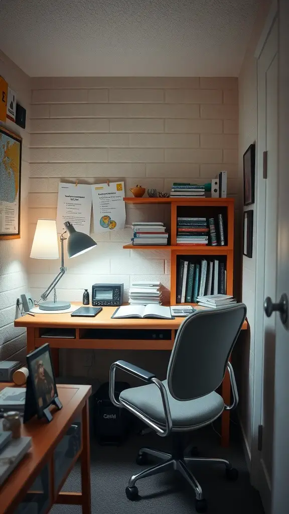 19 Aesthetic Dorm Room Ideas You’ll Love 8 A functional study corner featuring a wooden desk, a task lamp, bookshelves, and a comfy chair.
