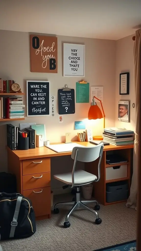 25 Stunning Luxury Dorm Room Ideas to Elevate Your Space 17 A cozy and organized study space in a dorm room featuring a wooden desk, motivational wall art, and a comfortable chair.