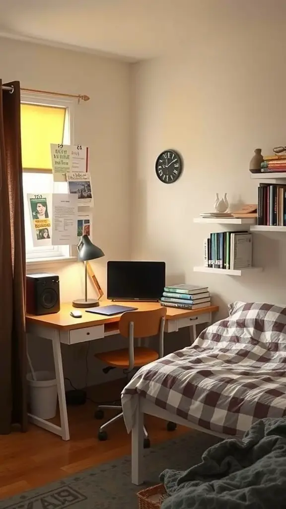 21 Creative Boys Dorm Room Ideas to Elevate Your Space 6 A tidy dorm room study space with a desk, computer, and bookshelves.