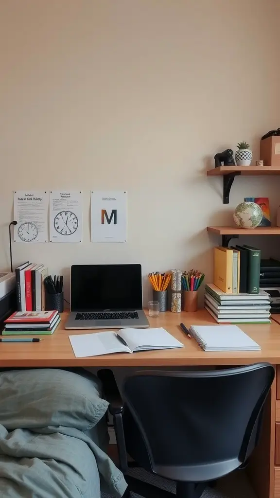 19 Stylish Dorm Room Ideas for a Cozy and Functional Space 16 A tidy study desk in a dorm room with a laptop, books, and study supplies.