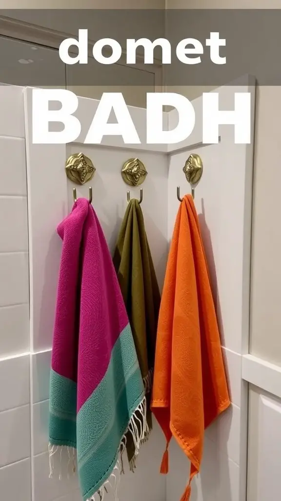 23 Creative College Bathroom Decor Ideas for a Stylish Space 11 Colorful towels hanging on decorative towel hooks in a bathroom.