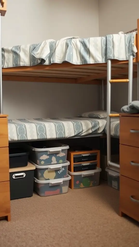 17 Creative Single Dorm Room Ideas You’ll Love 16 A single dorm room with a lofted bed and organized under-bed storage bins.