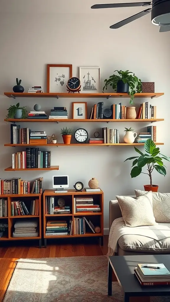 21 Creative Dorm Living Room Ideas to Maximize Space 17 Stylish wall shelving in a dorm living room with books, plants, and decor.