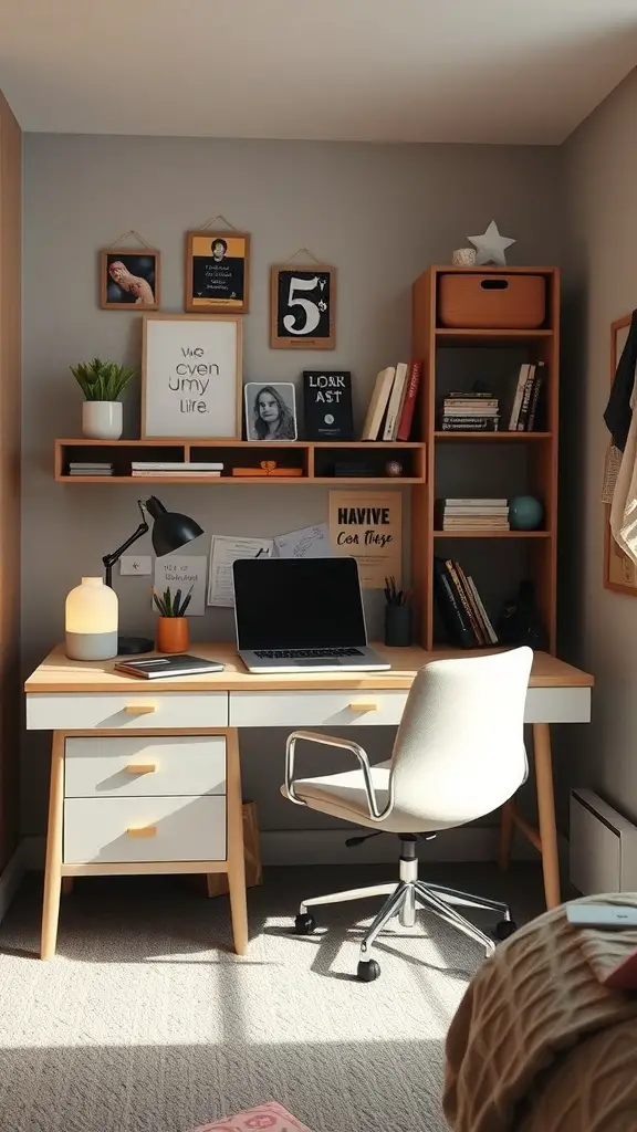 19 Cozy Dorm Room Aesthetic Ideas to Transform Your Space 2 A cozy and functional desk space in a dorm room with a laptop, plant, and decorative items.