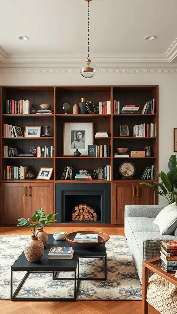 21 Cozy Living Room Ideas to Transform Your Space 7 A cozy living room featuring a stylish wooden bookshelf filled with books and decorative items, complemented by a comfortable sofa and a decorative coffee table.