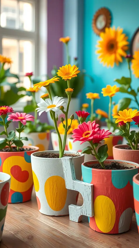 15 Stunning Indoor Flower Pot Ideas for Your Home 15 A collection of colorful painted flower pots with various designs, showcasing bright flowers in a cheerful indoor setting.